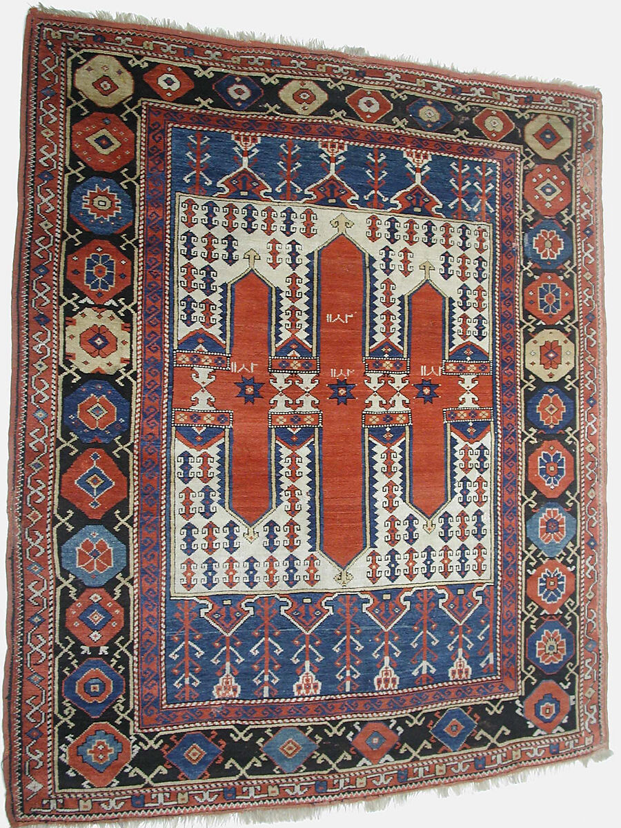 Carpet with Double-Ended Triple Niche, Wool (warp, weft, and pile); symmetrically knotted pile