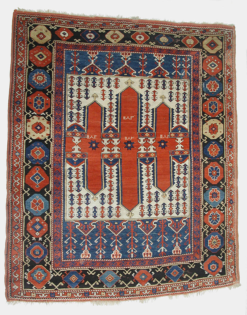 Carpet with Double-Ended Triple Niche, Wool (warp, weft, and pile); symmetrically knotted pile