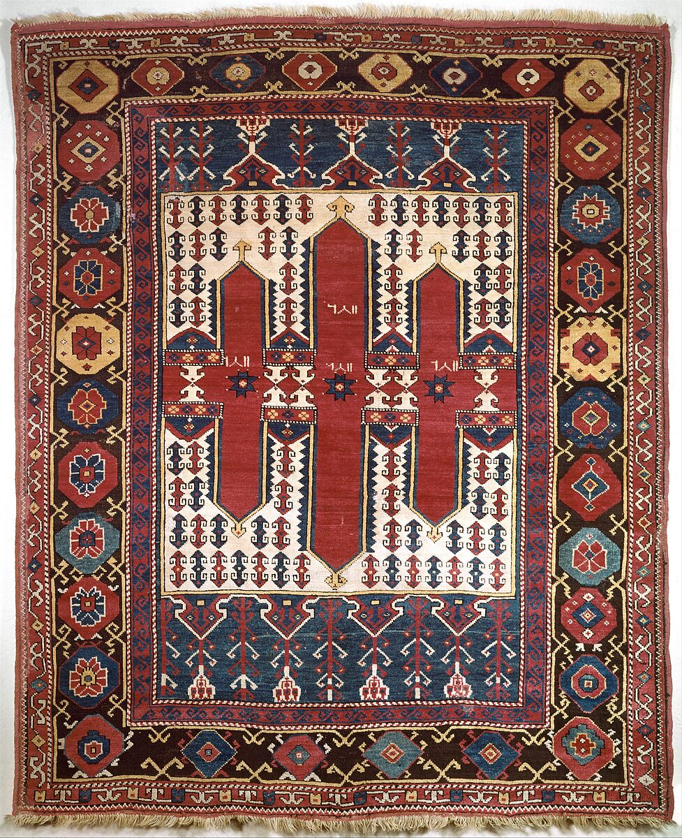 Carpet with Double-Ended Triple Niche, Wool (warp, weft, and pile); symmetrically knotted pile