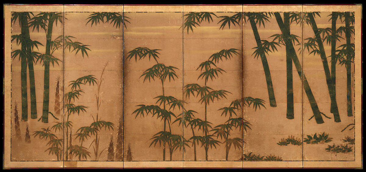 Bamboo in the Four Seasons, Tosa Mitsunobu  Japanese, Pair of six-panel screens; ink, color, and gold leaf on paper, Japan