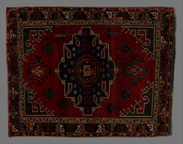 Tribal Carpet with Medallion Design, Wool (warp, weft, and pile); symmetrically knotted pile