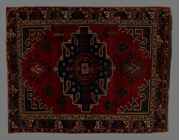 Tribal Carpet with Medallion Design, Wool (warp, weft, and pile); symmetrically knotted pile 