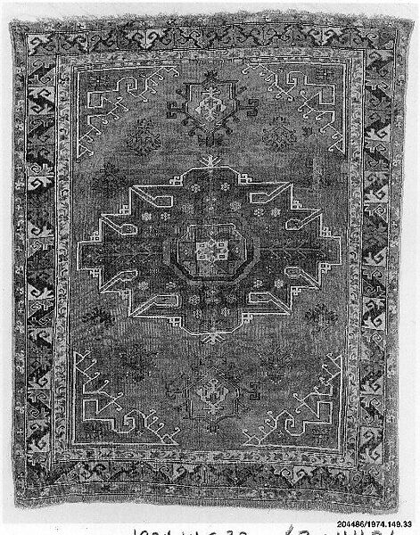 Tribal Carpet with Medallion Design, Wool (warp, weft, and pile); symmetrically knotted pile