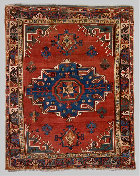 Tribal Carpet with Medallion Design, Wool (warp, weft, and pile); symmetrically knotted pile