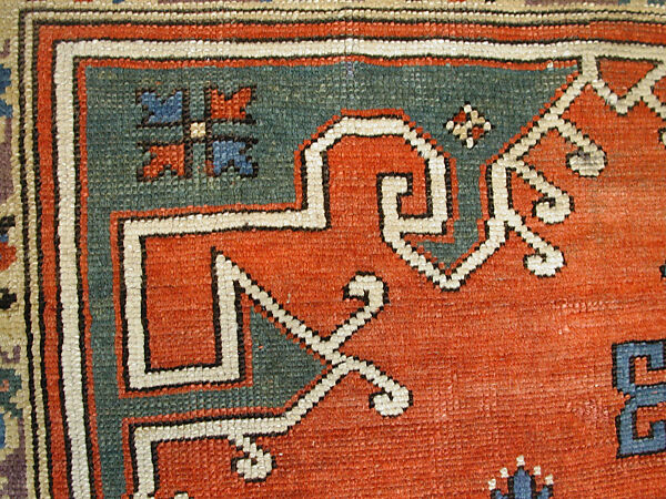 Tribal Carpet with Medallion Design, Wool (warp, weft, and pile); symmetrically knotted pile