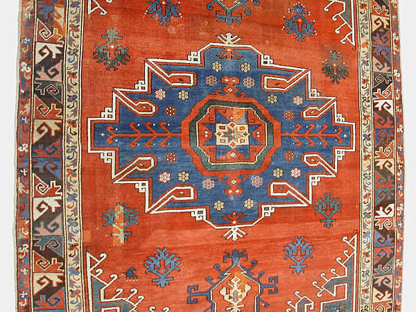 Tribal Carpet with Medallion Design, Wool (warp, weft, and pile); symmetrically knotted pile