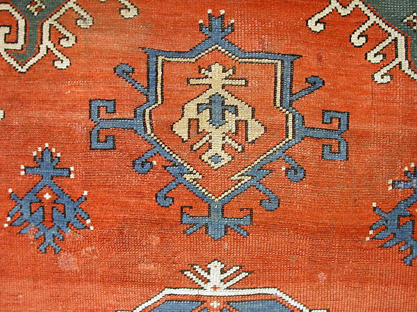 Tribal Carpet with Medallion Design, Wool (warp, weft, and pile); symmetrically knotted pile