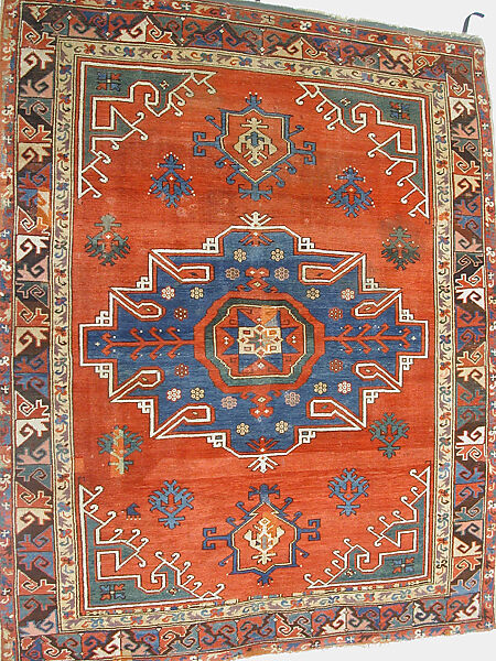 Tribal Carpet with Medallion Design, Wool (warp, weft, and pile); symmetrically knotted pile