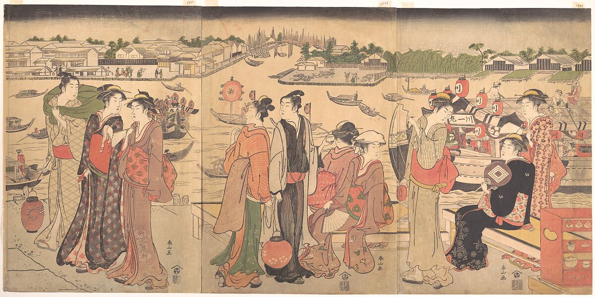 Festival by the Sumida River, Katsukawa Shunzan (Japanese, active 1782–1798), Triptych of woodblock prints; ink and color on paper, Japan 