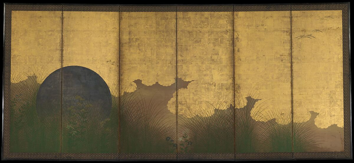 The Plains of Musashi, Six-panel folding screen; ink, color, gold, silver, and gold leaf on paper , Japan 