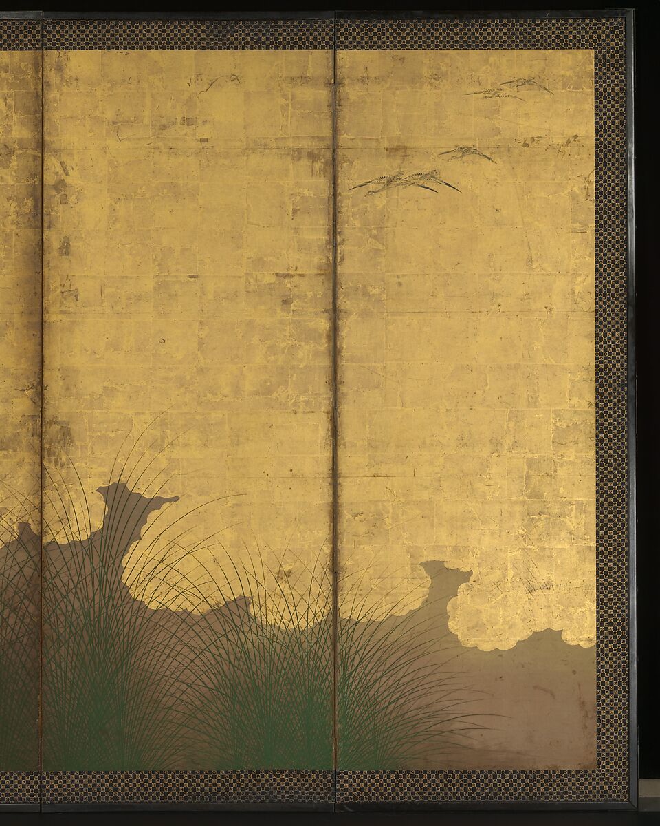 The Plains of Musashi, Six-panel folding screen; ink, color, gold, silver, and gold leaf on paper , Japan