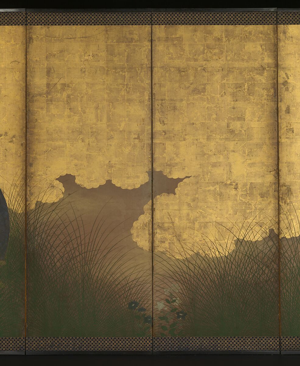 The Plains of Musashi, Six-panel folding screen; ink, color, gold, silver, and gold leaf on paper , Japan