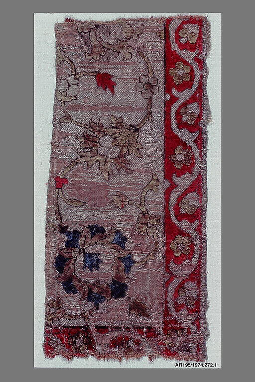 Velvet Fragment with Scrolling Floral Vine Design, Silk, metal wrapped thread; cut and voided velvet, brocaded