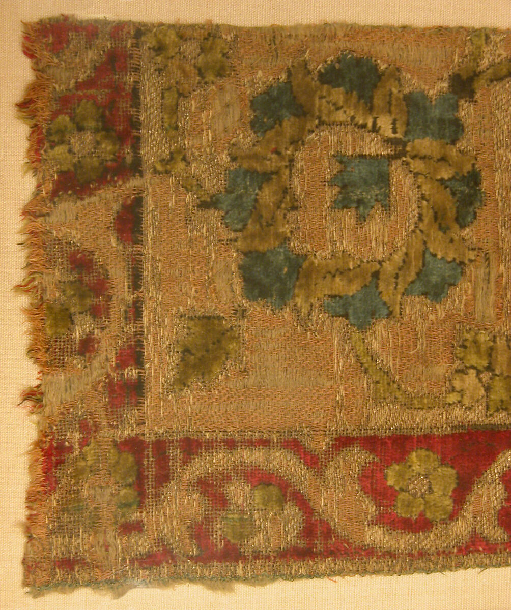 Velvet Fragment with Scrolling Floral Vine Design, Silk, metal wrapped thread; cut and voided velvet, brocaded