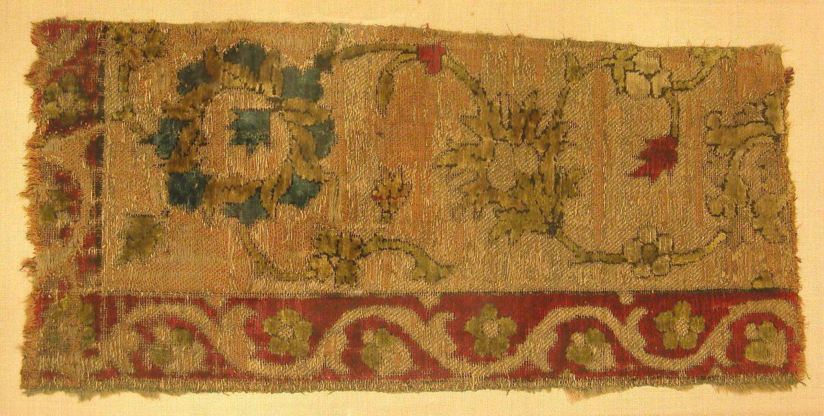 Velvet Fragment with Scrolling Floral Vine Design, Silk, metal wrapped thread; cut and voided velvet, brocaded 