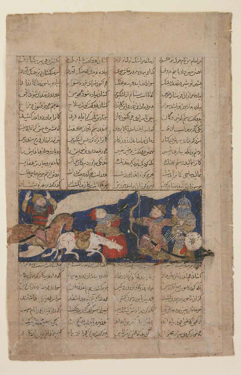 "The Combat of Rustam and Ashkabus", Folio from a Shahnama (Book of Kings), Abu'l Qasim Firdausi (Iranian, Paj ca. 940/41–1020 Tus), Ink, opaque watercolor, gold, and silver on paper