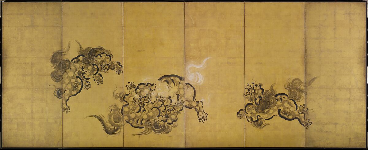 Bugaku Dances (front); Chinese Lions (reverse), Hanabusa Itchō (Japanese, 1652–1724), Pair of six-panel screens; ink, color, and gold leaf on paper , Japan