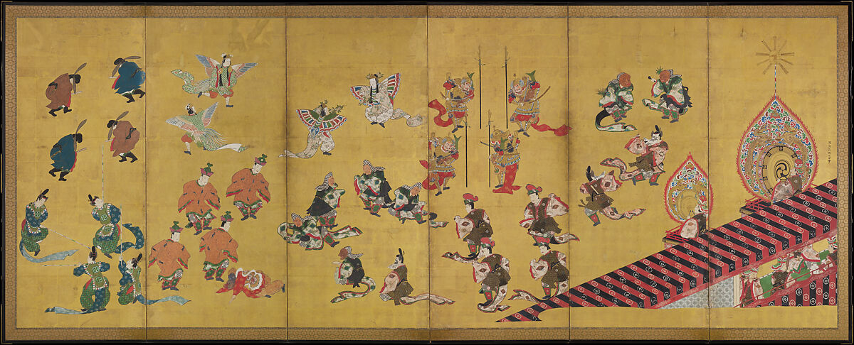 Bugaku Dances (front); Chinese Lions (reverse), Hanabusa Itchō (Japanese, 1652–1724), Pair of six-panel screens; ink, color, and gold leaf on paper , Japan 