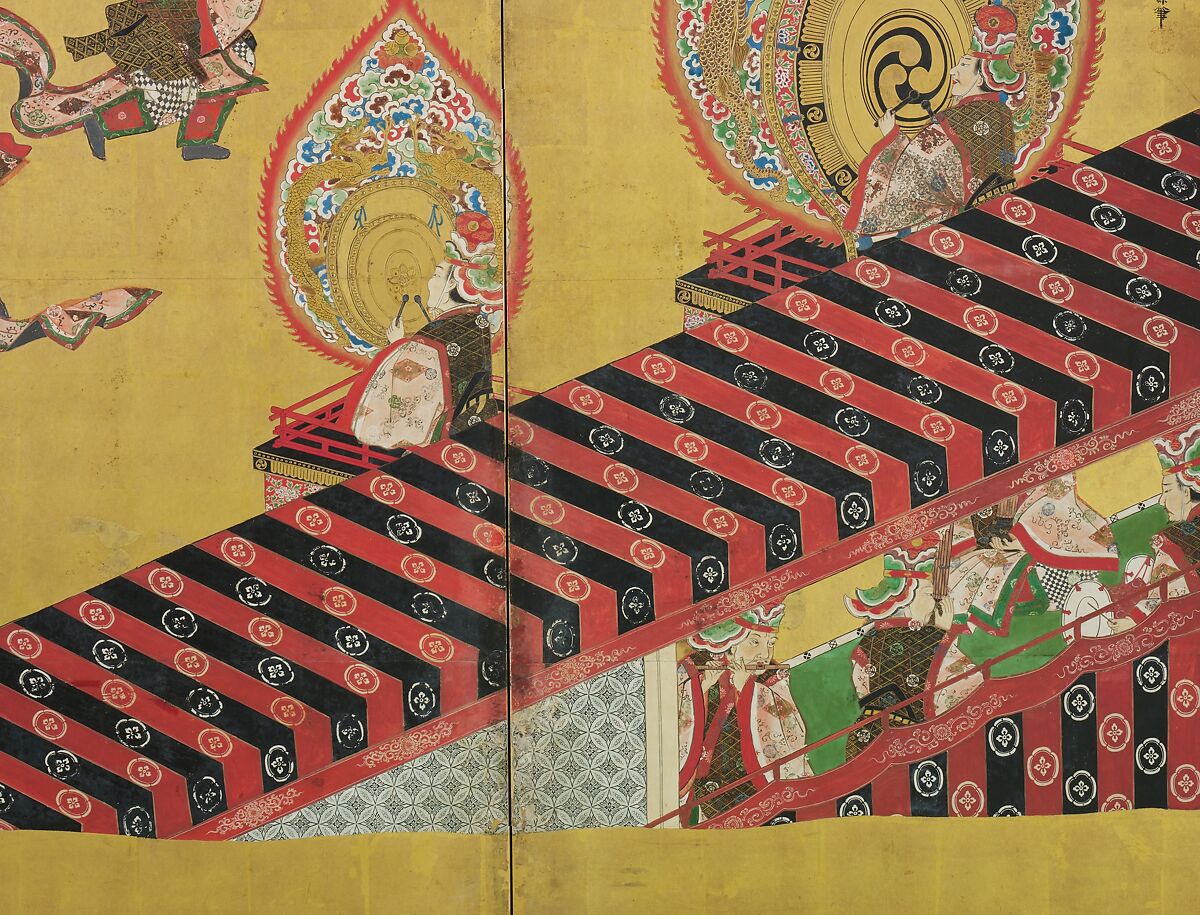 Bugaku Dances (front); Chinese Lions (reverse), Hanabusa Itchō (Japanese, 1652–1724), Pair of six-panel screens; ink, color, and gold leaf on paper , Japan