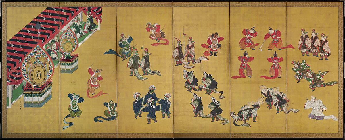 Bugaku Dances (front); Chinese Lions (reverse), Hanabusa Itchō (Japanese, 1652–1724), Pair of six-panel screens; ink, color, and gold leaf on paper , Japan