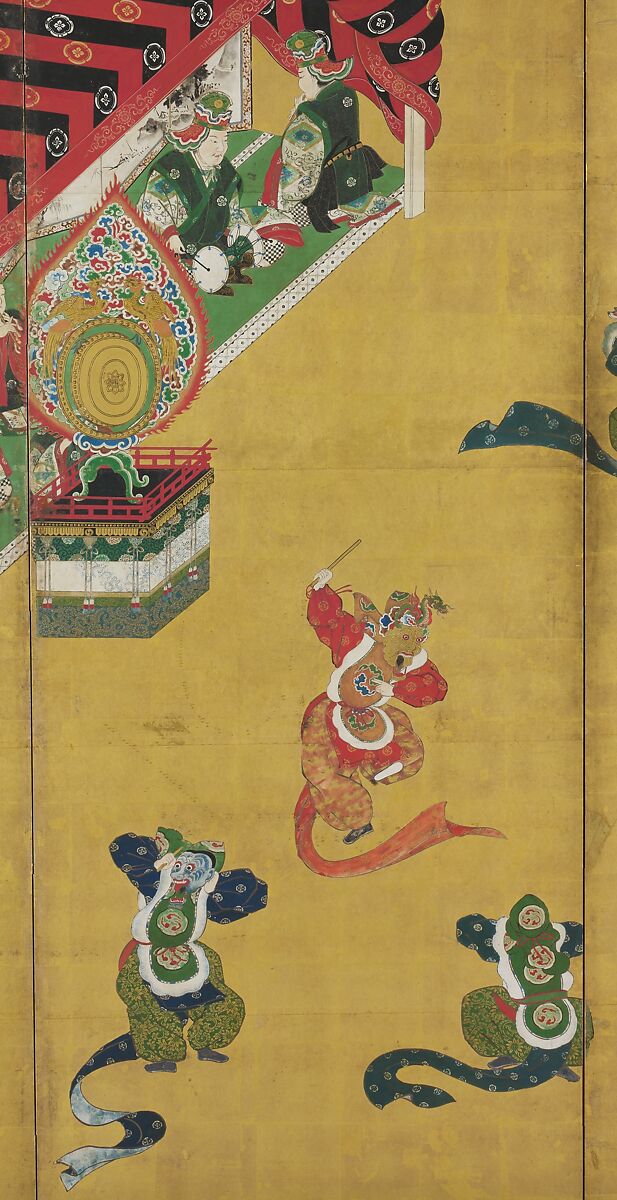 Bugaku Dances (front); Chinese Lions (reverse), Hanabusa Itchō (Japanese, 1652–1724), Pair of six-panel screens; ink, color, and gold leaf on paper , Japan