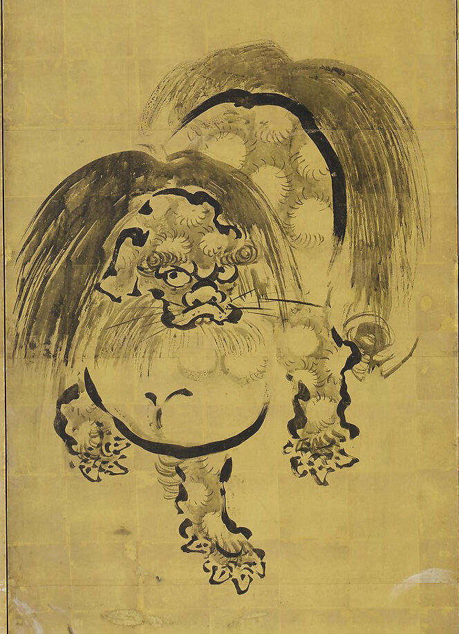 Bugaku Dances (front); Chinese Lions (reverse), Hanabusa Itchō (Japanese, 1652–1724), Pair of six-panel screens; ink, color, and gold leaf on paper , Japan
