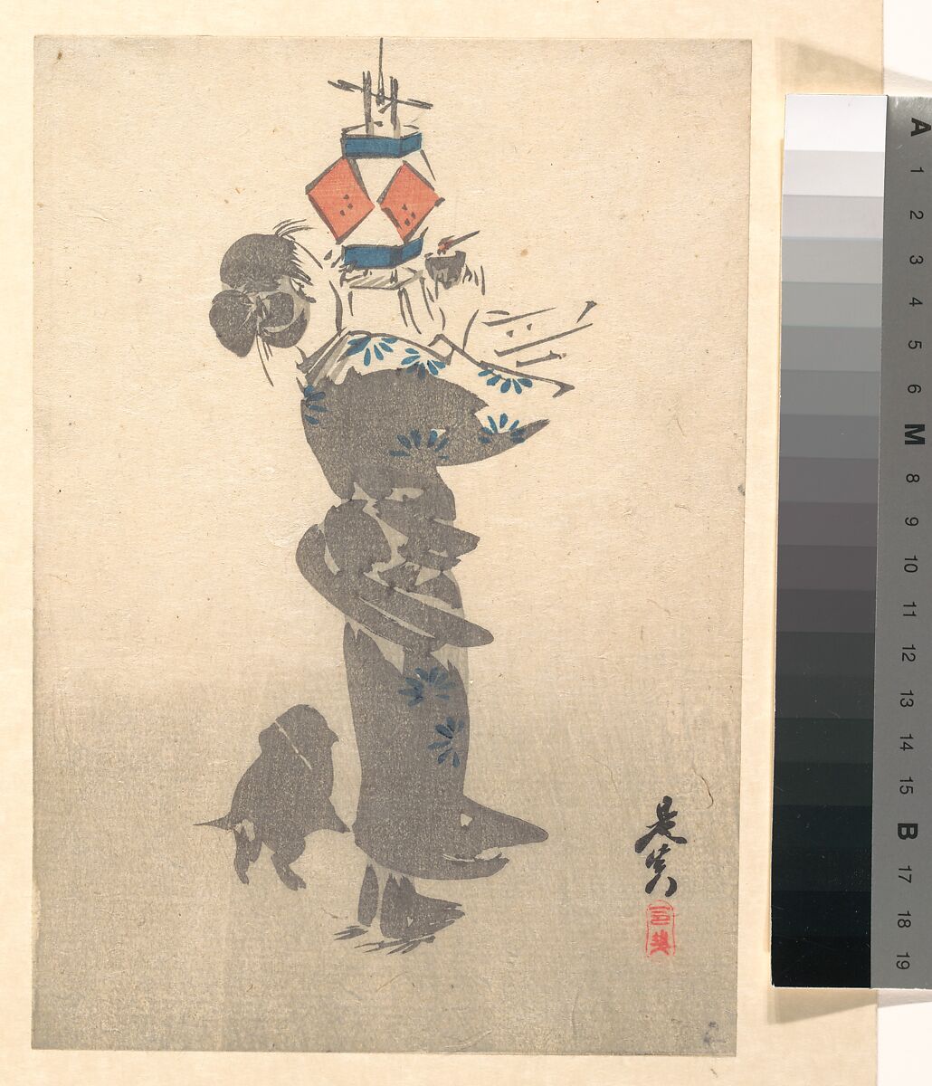 Lighting a Hanging Lantern for the Obon Festival, Shibata Zeshin 柴田是真 (Japanese, 1807–1891), Woodblock print (nishiki-e); ink and color on paper, Japan 