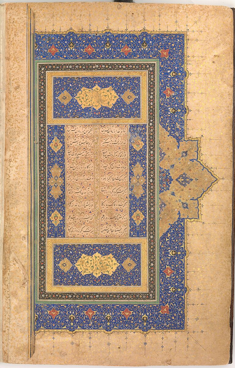 Illuminated Frontispiece of a  Bustan of Sa`di, Sultan Muhammad Nur (Iranian, ca. 1472–ca. 1536), Folio: Ink, opaque watercolor, and gold on paper
Binding: Leather 