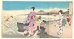 Swimming at Ōiso, Distant View of Mount Fuji, Utagawa (Baidō) Kokunimasa (Japanese, 1874–1944), Triptych of woodblock prints; ink and color on paper, Japan 