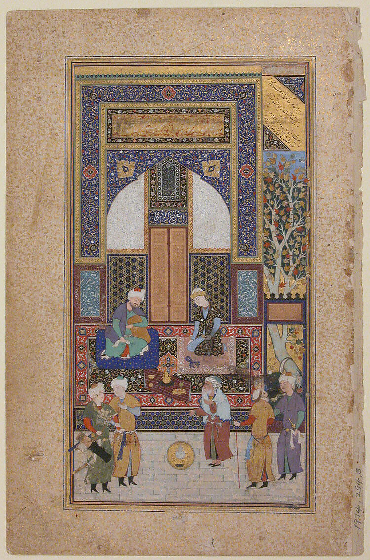 "Interior Reception", Folio 36r from a Bustan of Sa`di, Painted by Shaikh Zada (Iranian, active 1510–1550), Ink, opaque watercolor, and gold on paper