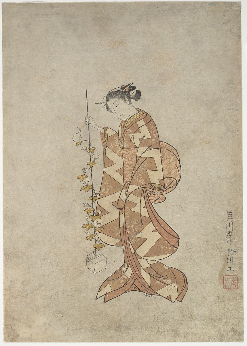 Modern Representation of the Poetess Kaga no Chiyo, Suzuki Harunobu (Japanese, 1725–1770), Woodblock print; ink and color on paper, Japan 