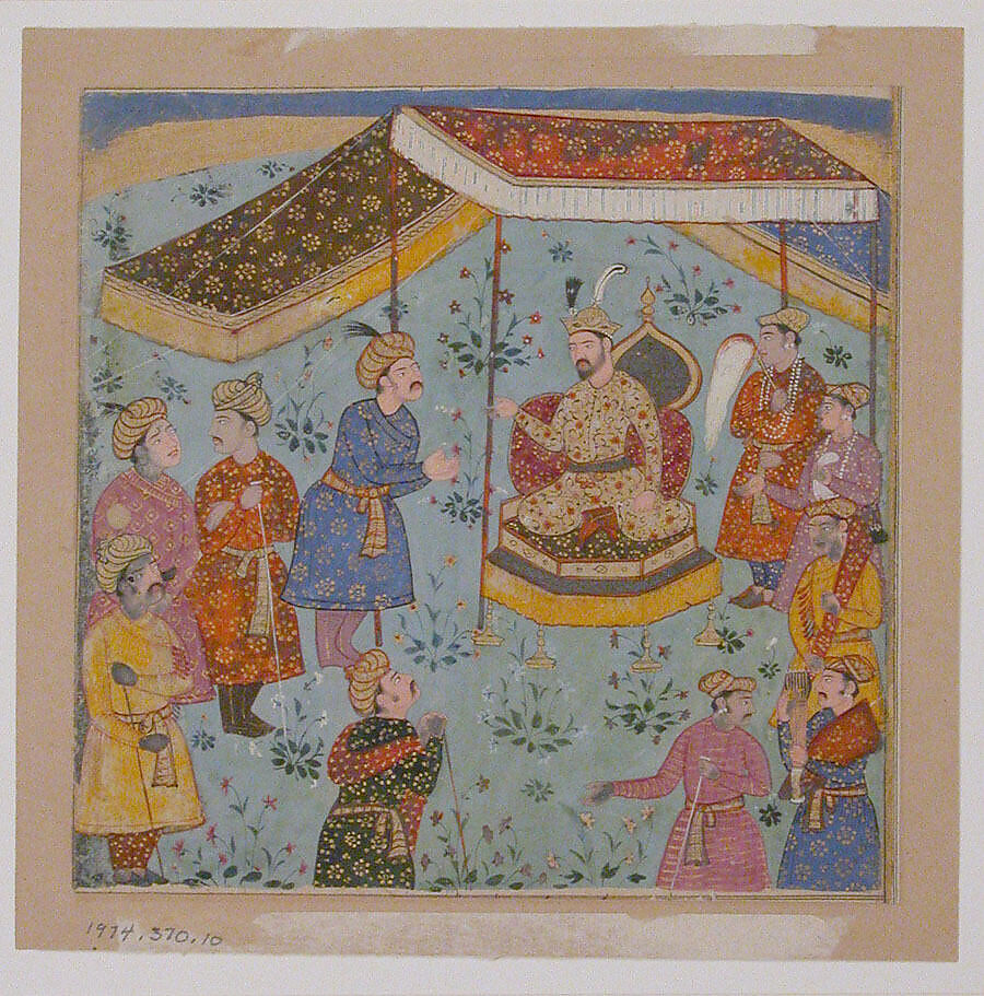 Reception of a Persian Ambassador by a Mughal Prince, Opaque watercolor and gold on paper