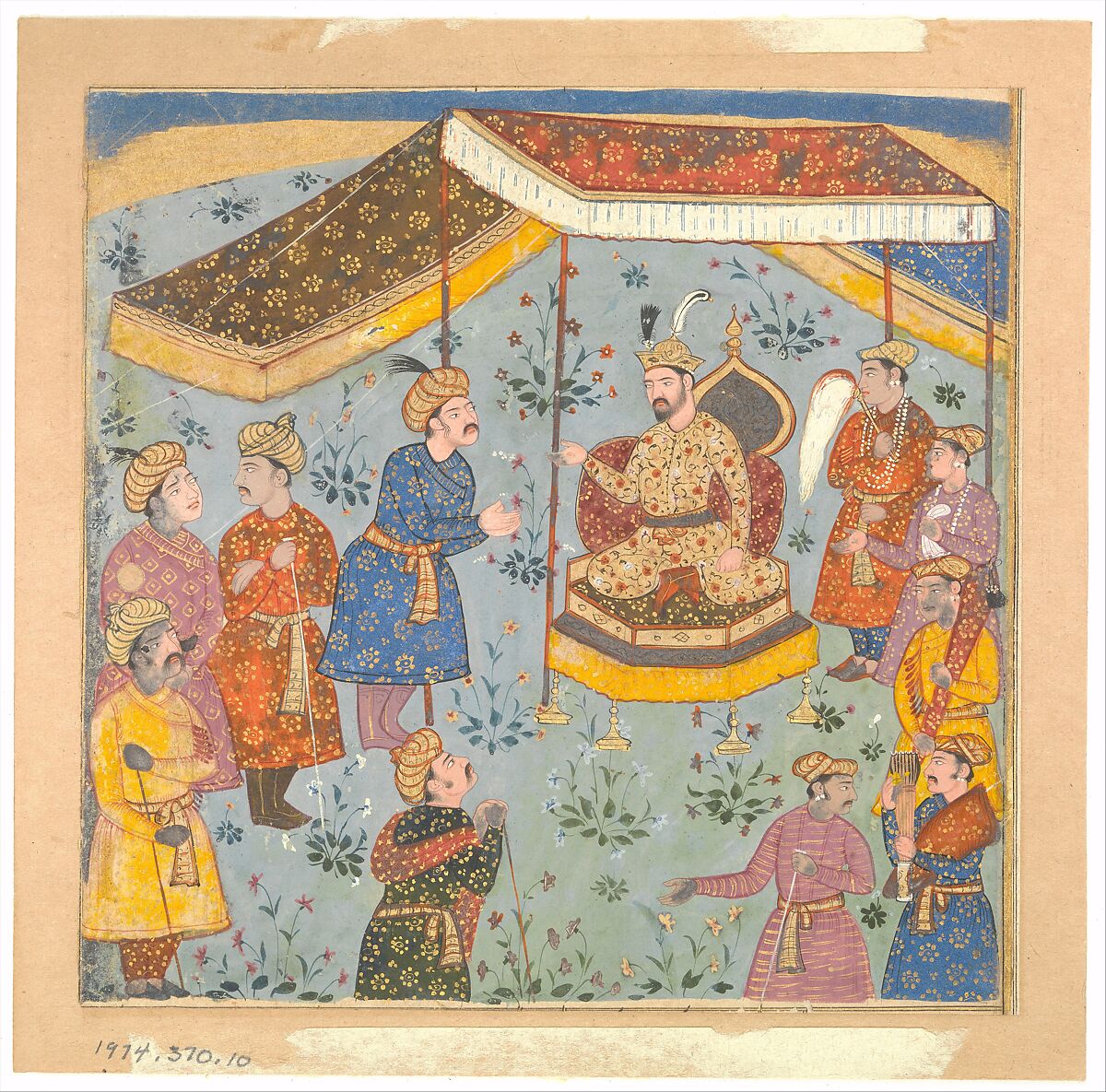 Reception of a Persian Ambassador by a Mughal Prince, Opaque watercolor and gold on paper