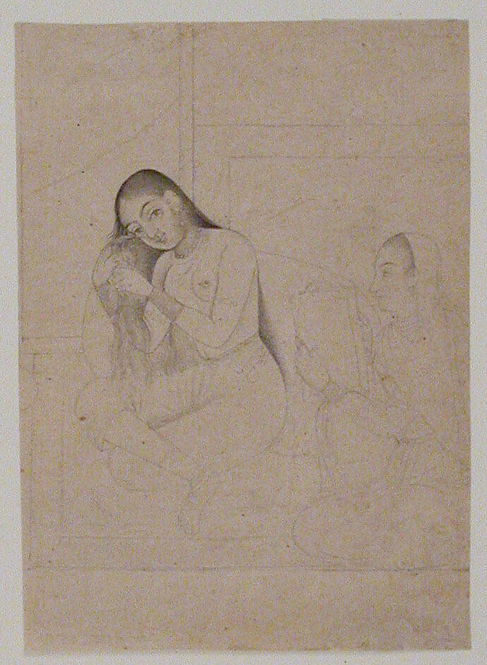 Lady at her Toilette with a Servant, Haydar Ahmad, Pencil on paper