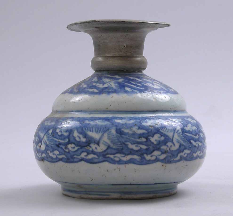 Bottle, Stonepaste; painted under transparent glaze; copper alloy 