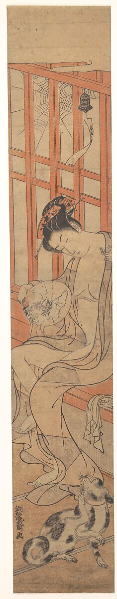 Woman Fanning Herself After a Bath, Isoda Koryūsai (Japanese, 1735–ca. 1790), Woodblock print (hashira-e); ink and color on paper, Japan 