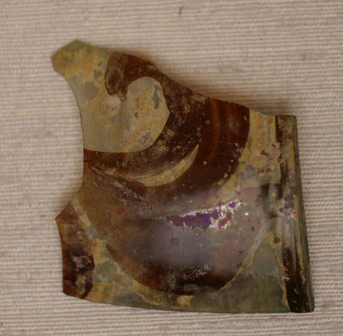 Fragment, Glass; stained and luster-painted 