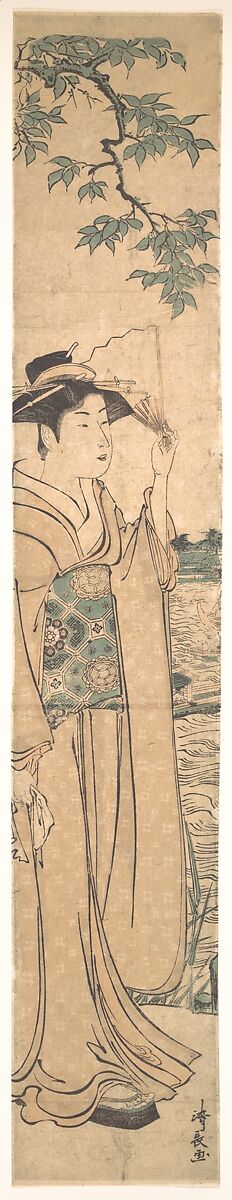 Woman with Fan on the Banks of the Sumida River, Torii Kiyonaga (Japanese, 1752–1815), Woodblock print (hashira-e); ink and color on paper, Japan 