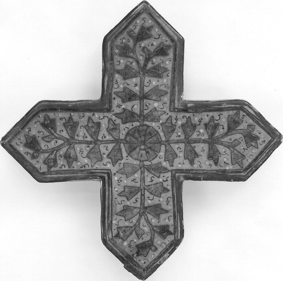 Cross-Shaped Tile, Stonepaste; overglaze painted and leaf gilded (lajvardina)