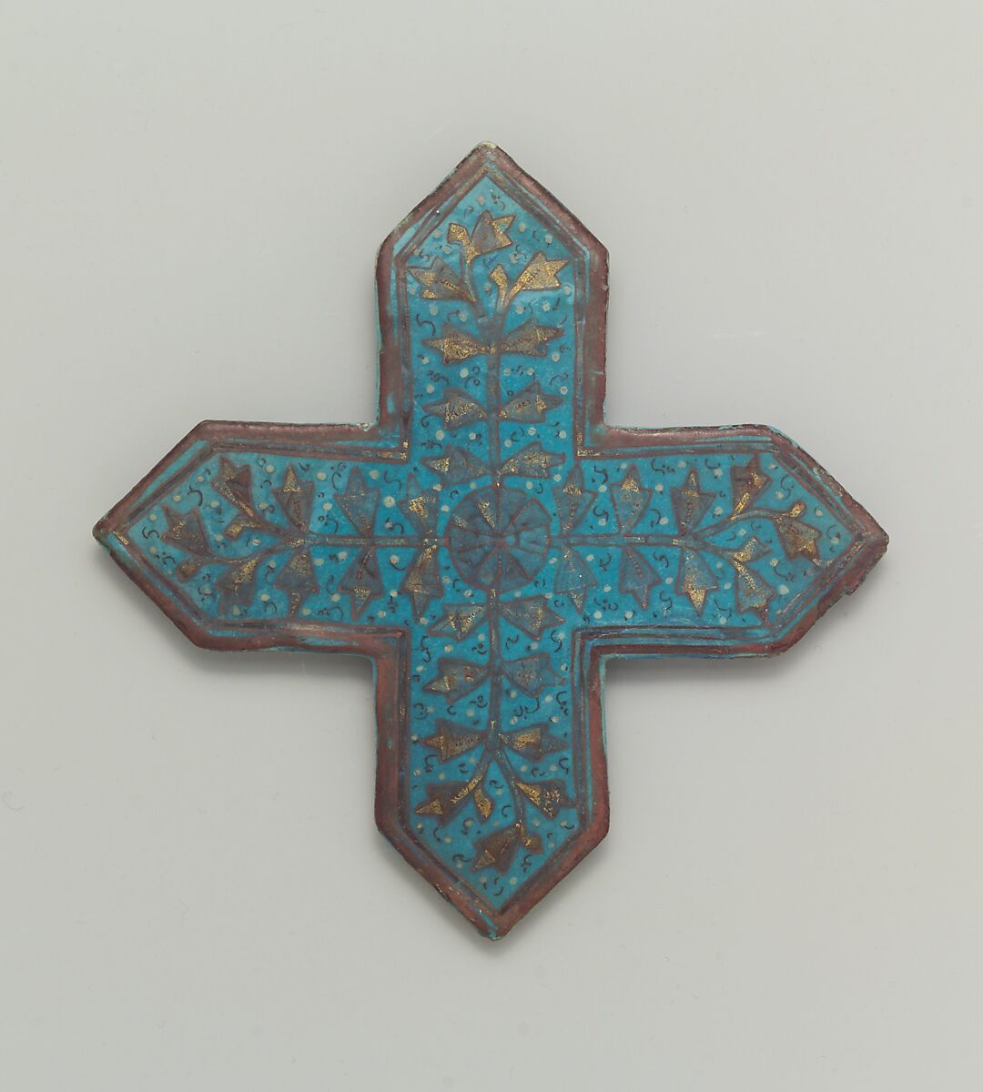 Cross-Shaped Tile, Stonepaste; overglaze painted and leaf gilded (lajvardina) 