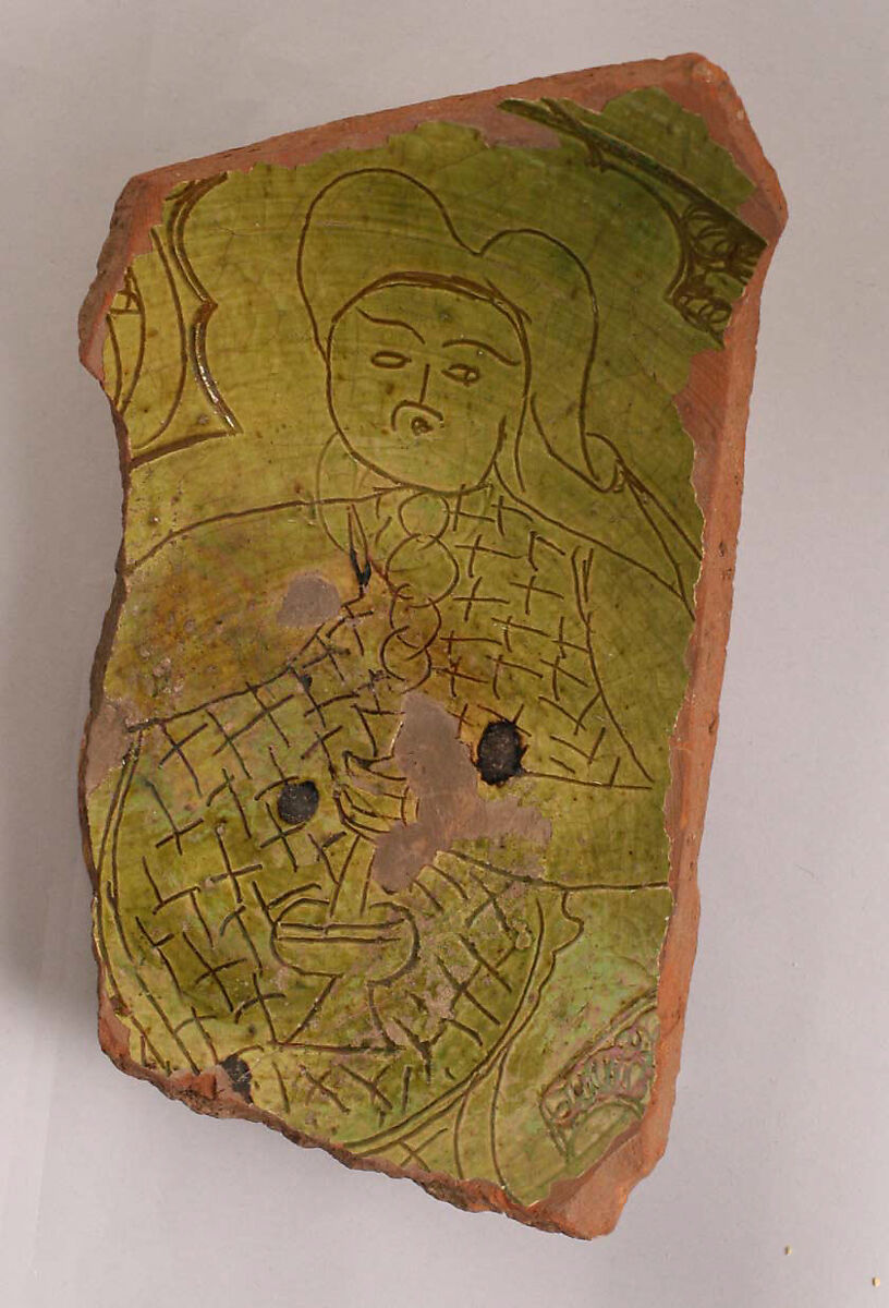 Fragment with a Figure Holding a Flask, Earthenware; slipped, incised, and glazed (sgraffito) 