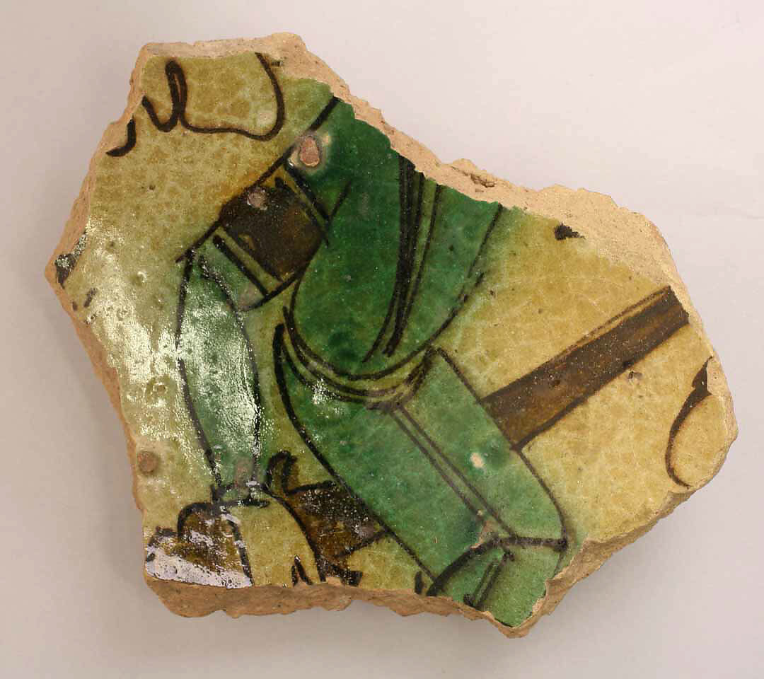 Fragment of a Bowl with a Figure Holding a Sword, Earthenware; slipped, incised, and polychrome glazed (sgraffito) 