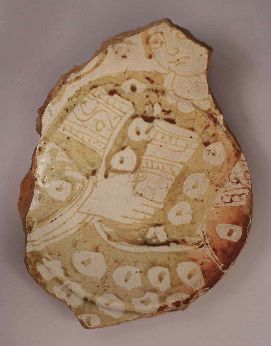 Fragment, Earthenware; glazed and luster-painted 