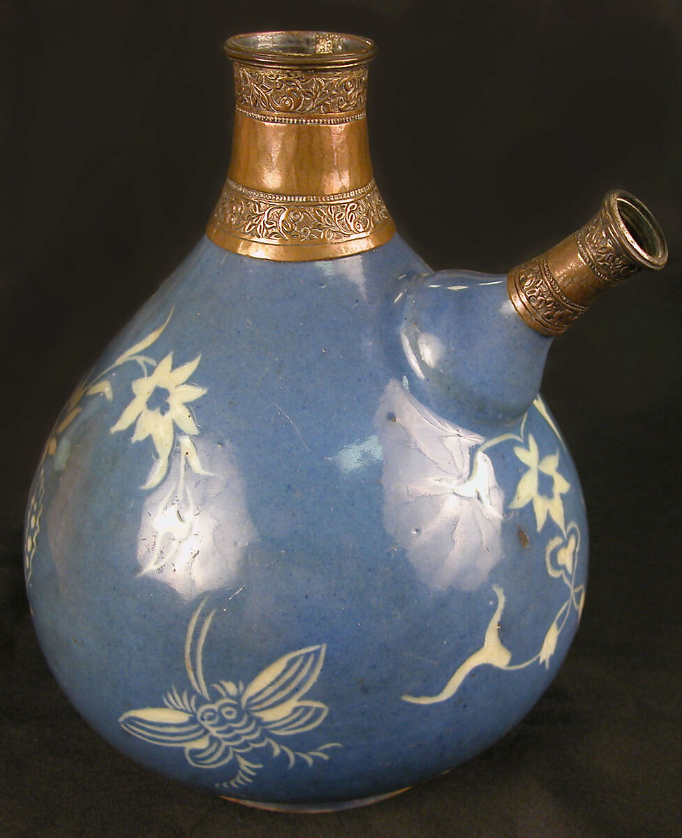 Water Pipe Base, Stonepaste; painted in blue and incised under colorless glaze with copper fittings 