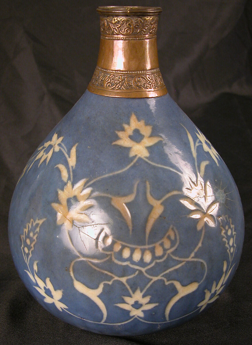 Water Pipe Base, Stonepaste; painted in blue and incised under colorless glaze with copper fittings