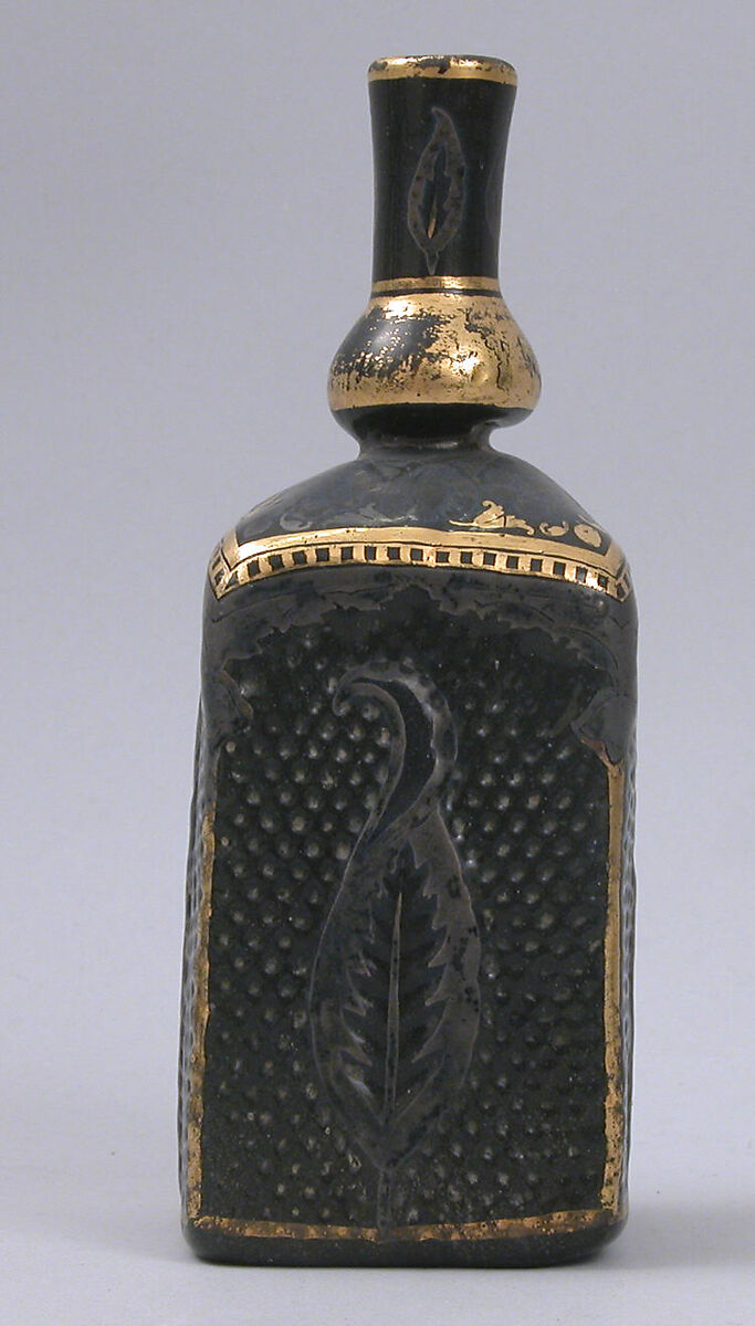 Gilded Green Bottle, Glass, green; mold blown, gilded, and silvered