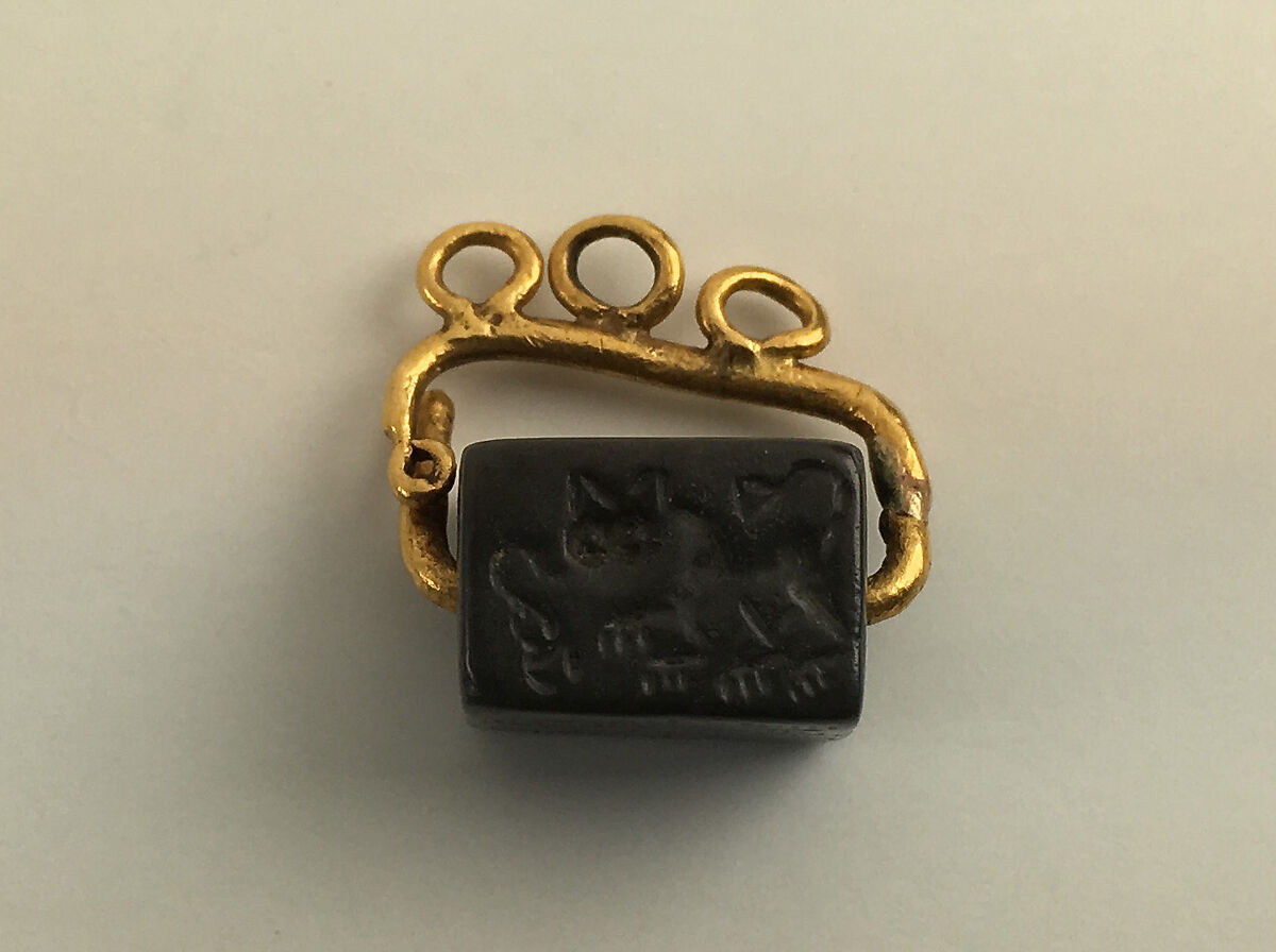 Seal Stone, Hematite; incised with gold fittings