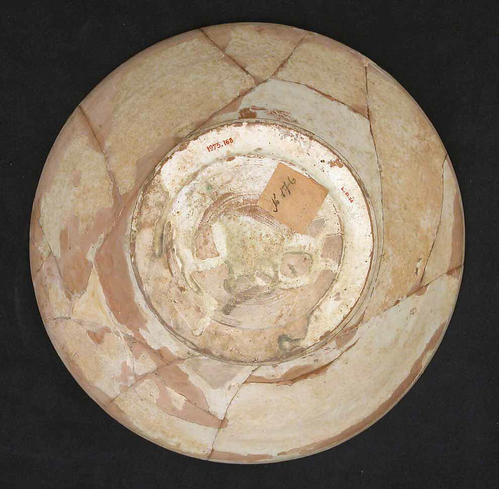 Bowl, Earthenware; white slip, black slip decoration, under transparent glaze