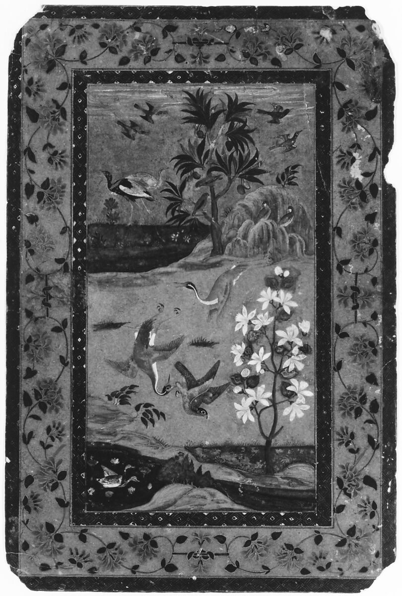 Birds in a Landscape, Ink, opaque watercolor, silver, and gold on paper