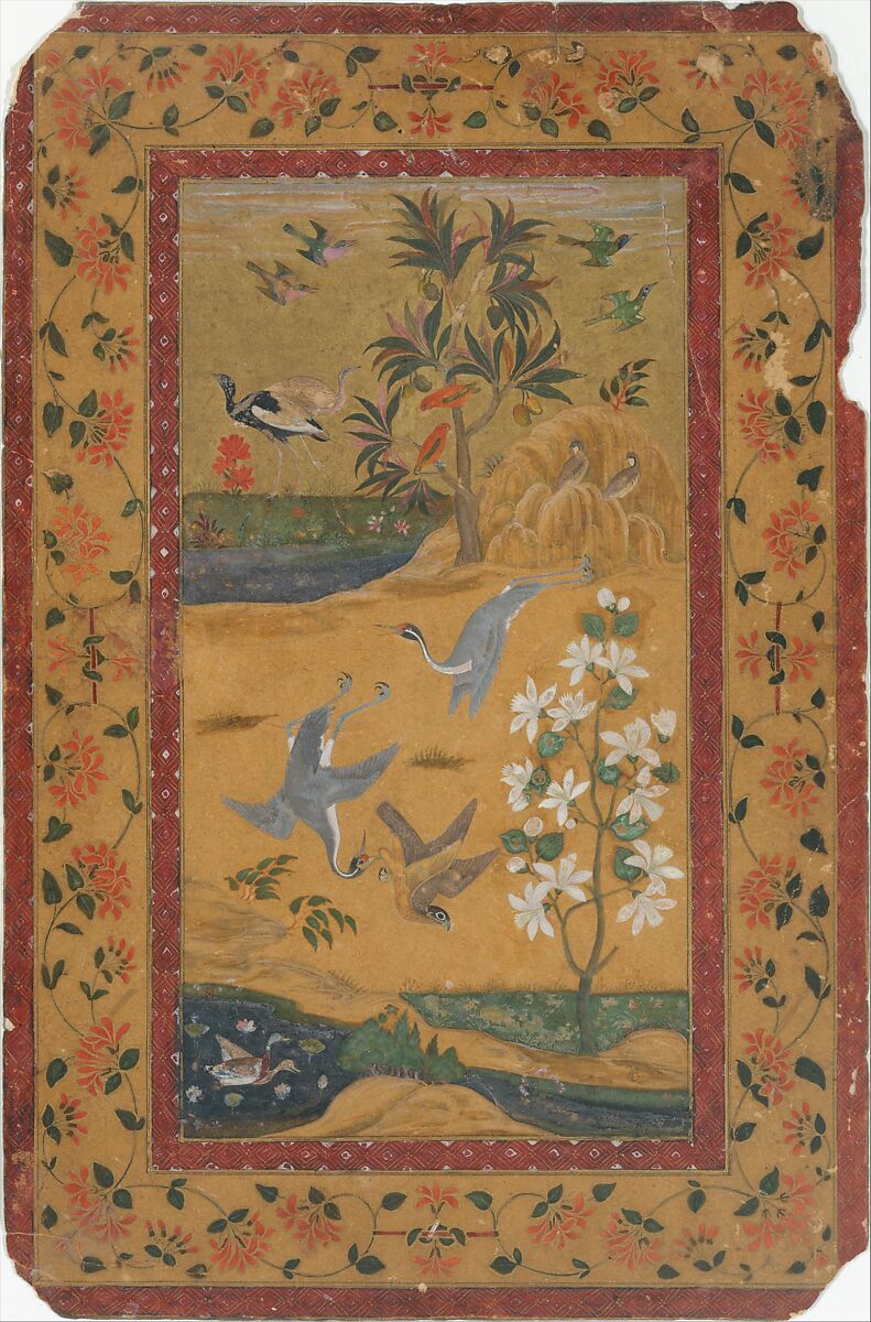 Birds in a Landscape, Ink, opaque watercolor, silver, and gold on paper